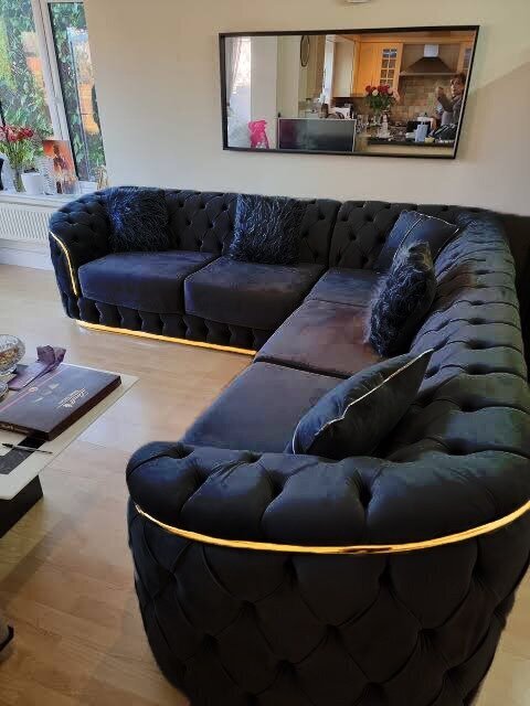 Karimah Luxury Velvet Fabric Sofa Collection Black / Gold Trim