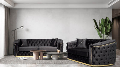 Karimah Luxury Velvet Fabric Sofa Collection Black / Gold Trim