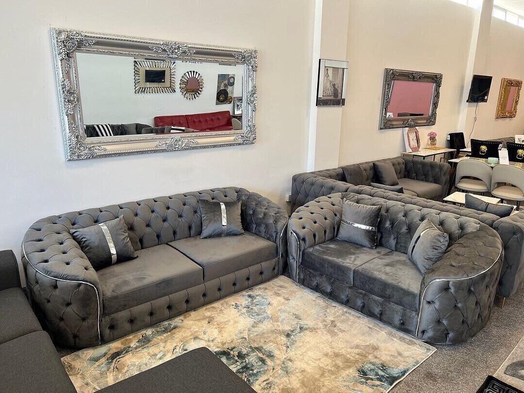 Karimah Luxury Velvet Fabric Sofa Collection Grey / Silver Trim