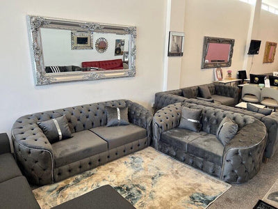 Karimah Luxury Velvet Fabric Sofa Collection Grey / Silver Trim