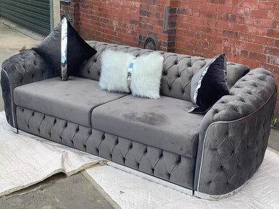 Karimah Luxury Velvet Fabric Sofa Collection Grey / Silver Trim