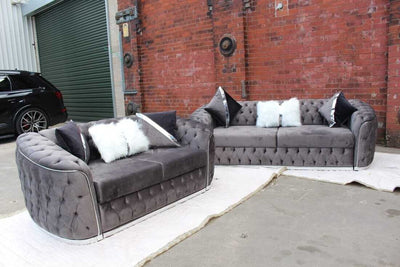 Karimah Luxury Velvet Fabric Sofa Collection Grey / Silver Trim