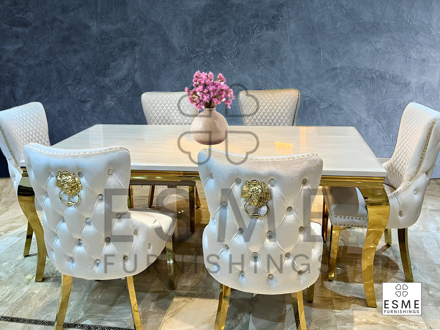 Louis Gold Cream Marble Dining Table With Shimmer Gold Lion Knocker Dining Chairs