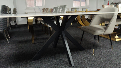 Phoenix 180cm White Ceramic Marble Dining Table With Grey Velvet Black Ring Chairs