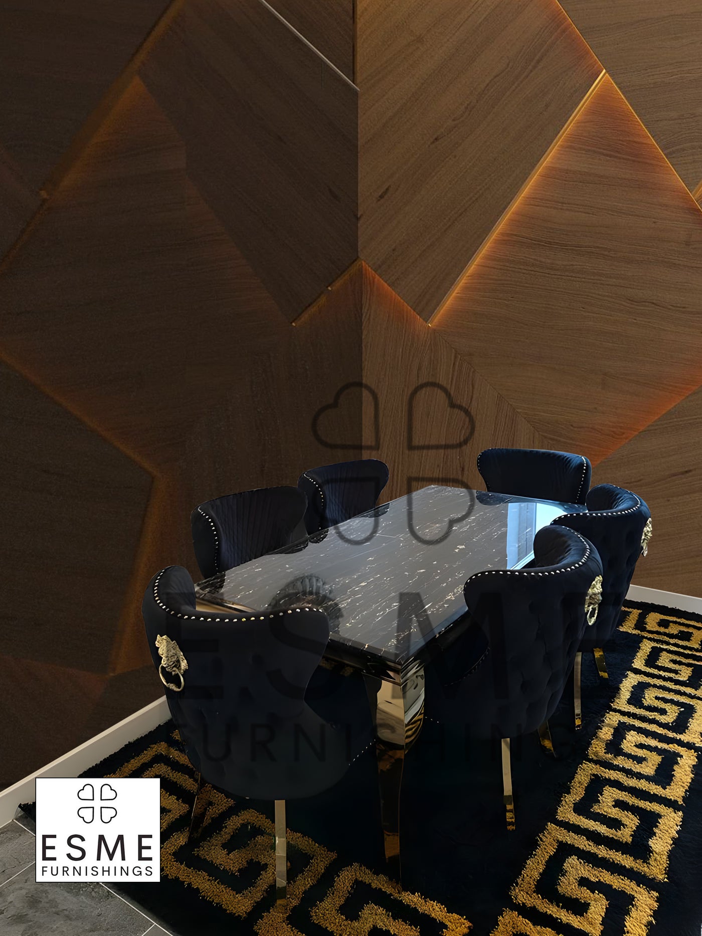 Louis Gold Black Marble Dining Table With Valentino Gold Lion Knocker Dining Chairs