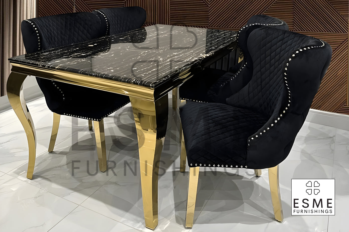 Louis Gold Black Marble Dining Table With Valentino Gold Lion Knocker Dining Chairs