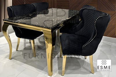 Louis Gold Black Marble Dining Table With Valentino Gold Lion Knocker Dining Chairs