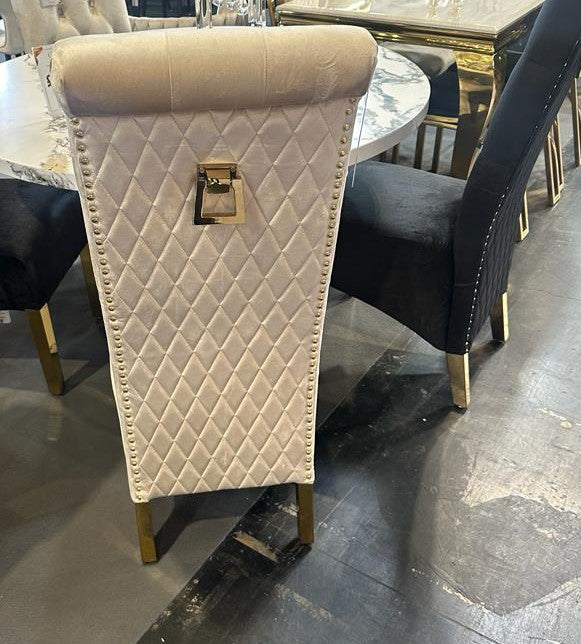 Sofia Gold Square Knocker Quilted Emma Slim Cream Gold Shimmer Velvet Dining Chair Gold Legs