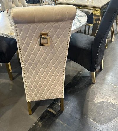 Sofia Gold Square Knocker Quilted Emma Slim Cream Gold Shimmer Velvet Dining Chair Gold Legs
