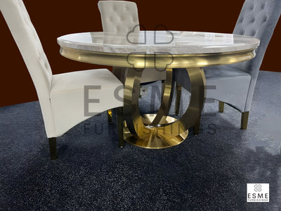 Chelsea Gold Round 130cm Marble Dining Table With Lucy Quilted Gold Ring Knocker Velvet Chairs