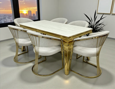 Louis Marble & Gold Dining Table With Porto Gold Leathaire Fabric Chairs Gold Legs