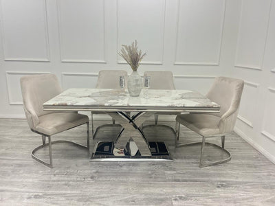 Ottavia 180cm Marble & Chrome Dining Table With Carlton Beige/Chrome Velvet Chairs