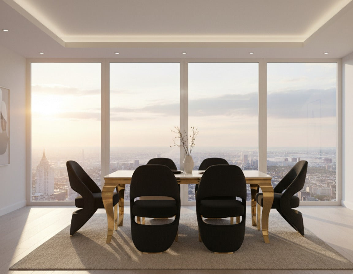 Louis Marble & Gold Dining Table With Santos Curve Velvet Chairs Gold Legs