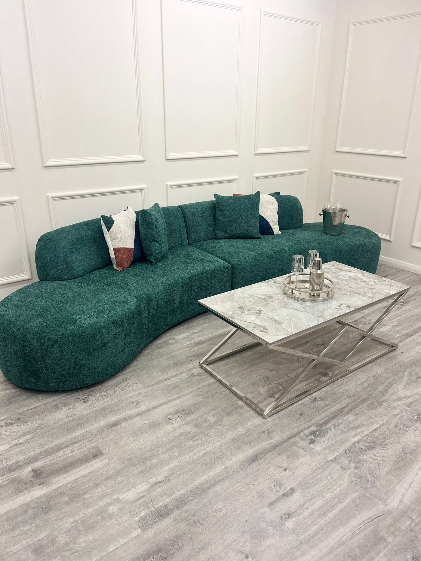 The Storm Boucle Premium Curved Sofa Green Boucle Fabric