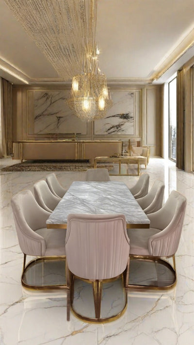Medas 200cm Premium Gold Marble Dining Table With Carlton Cream/Gold Velvet Dining Chairs