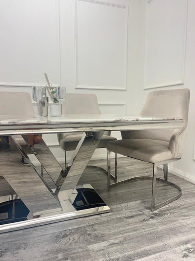 Cello 180cm Marble & Chrome Dining Table With Carlton Beige/Chrome Velvet Chairs