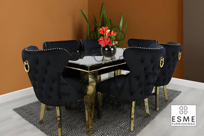 Louis Gold Black Marble Dining Table With Valentino Gold Ring Knocker Dining Chairs
