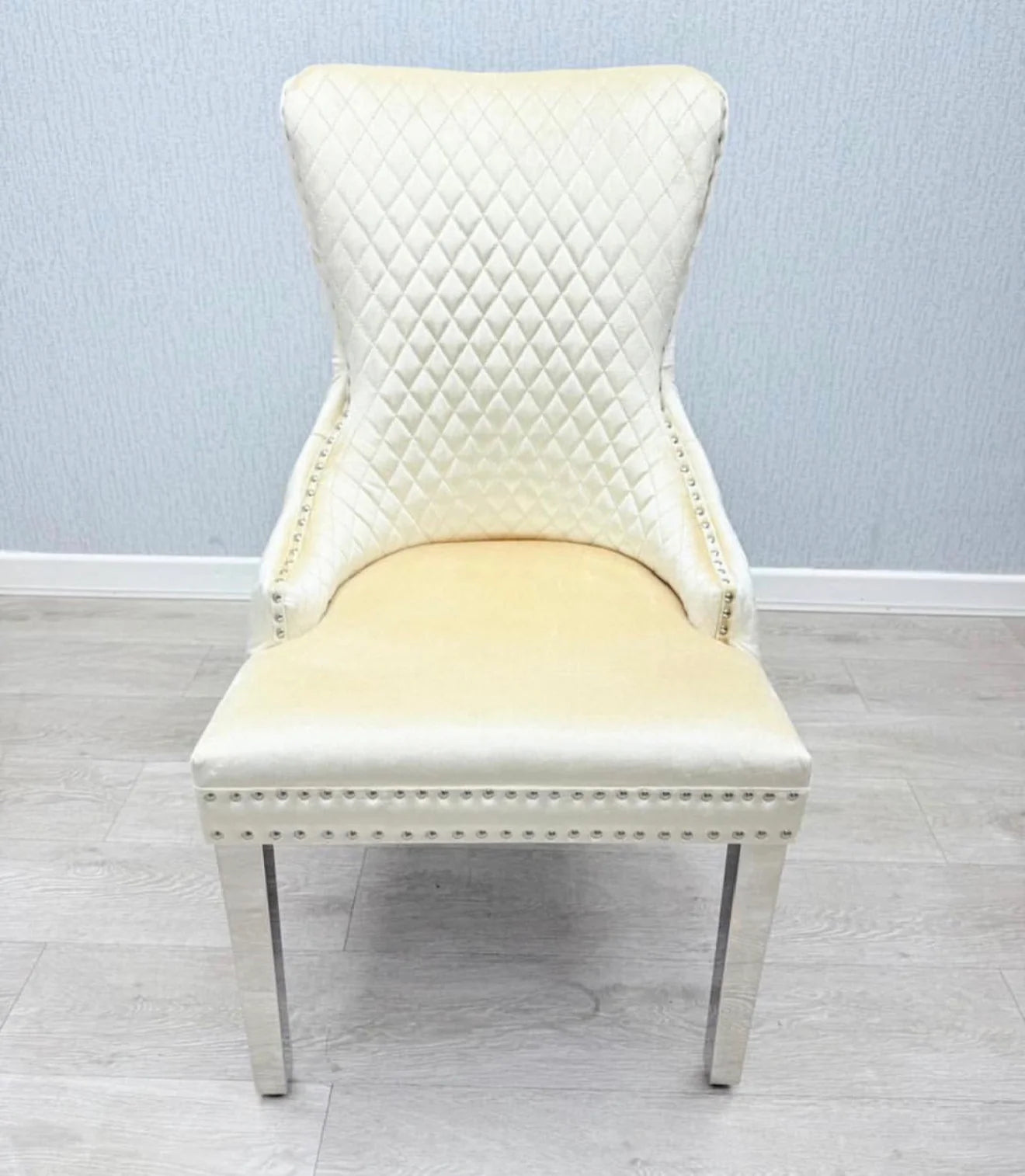 Louis Marble & Chrome Dining Table With Victoria Cream Lion Knocker Velvet Chairs