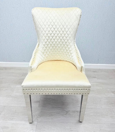 Louis Marble & Chrome Dining Table With Victoria Cream Lion Knocker Velvet Chairs