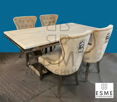 Arial Cream Marble & Chrome Dining Table + Chrome Lion Knocker Velvet Chairs