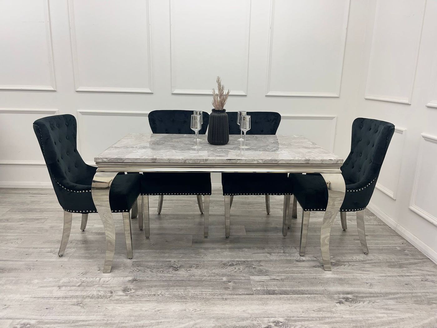 Louis 160cm Marble & Chrome Dining Table With Megan Chrome Ring Knocker Velvet Chairs