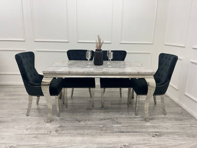 Louis 160cm Marble & Chrome Dining Table With Megan Chrome Ring Knocker Velvet Chairs