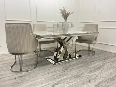 Ottavia 180cm Marble & Chrome Dining Table With Carlton Beige/Chrome Velvet Chairs