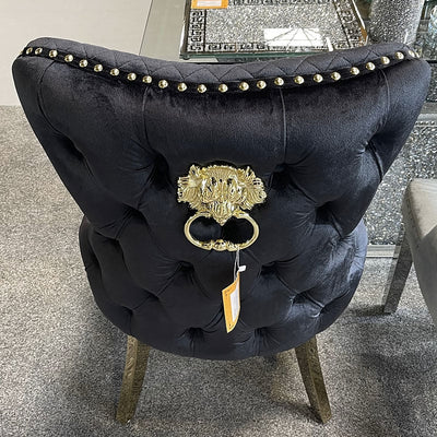 Louis Grey Gold Marble Dining Table With Victoria Shimmer Velvet Lion Knocker Velvet Chairs