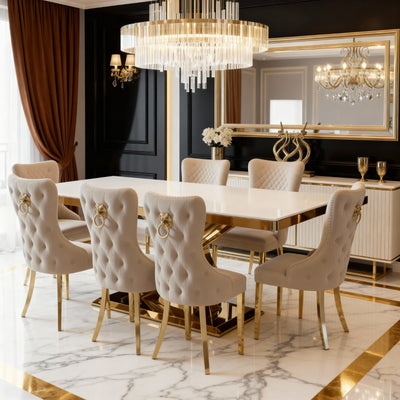 Elina 180cm Gold Dining Table With Victoria Lion Knocker Velvet Gold Chairs