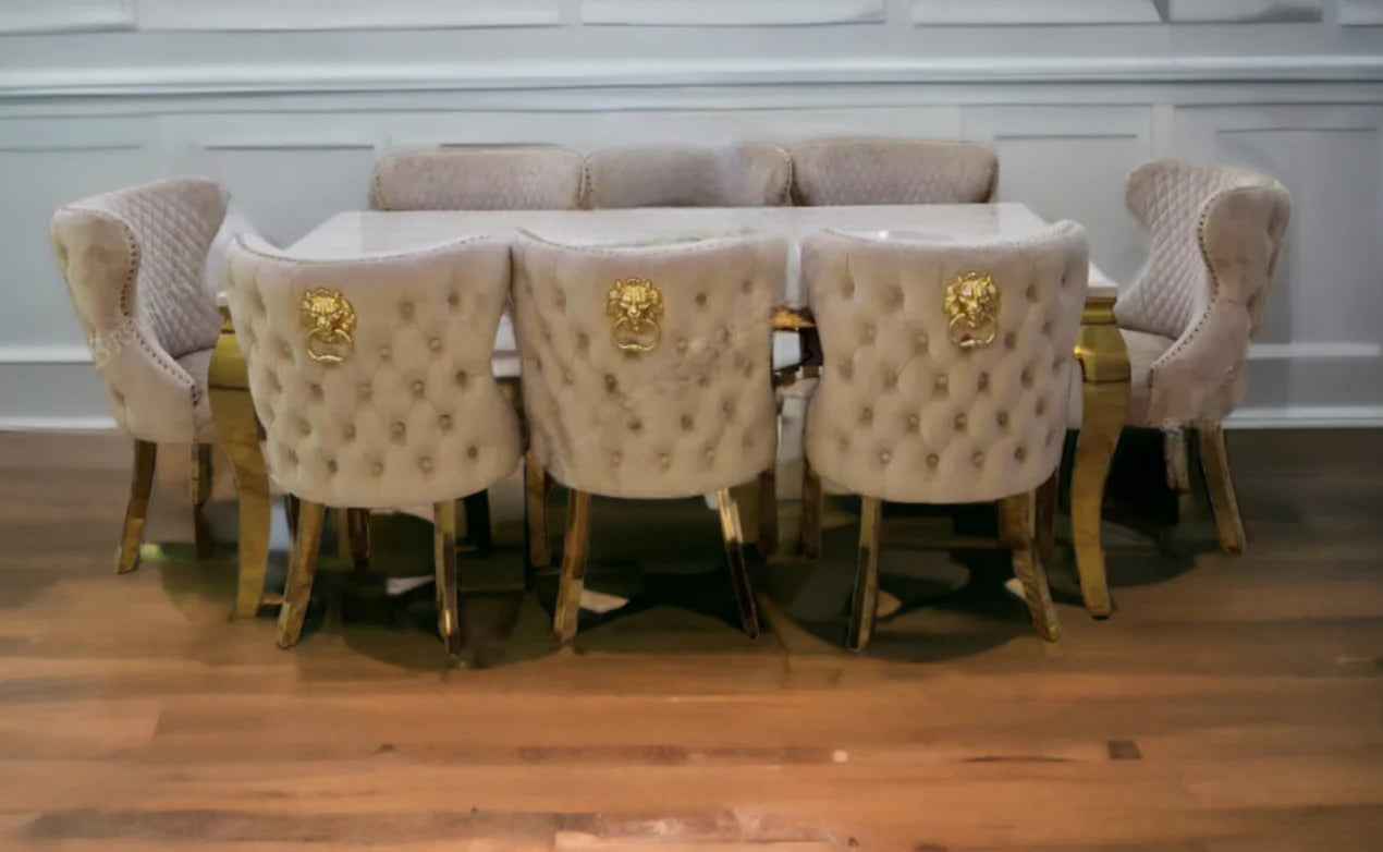 Louis Marble & Gold Dining Table With Valentino Gold Button Lion Knocker Velvet Chairs
