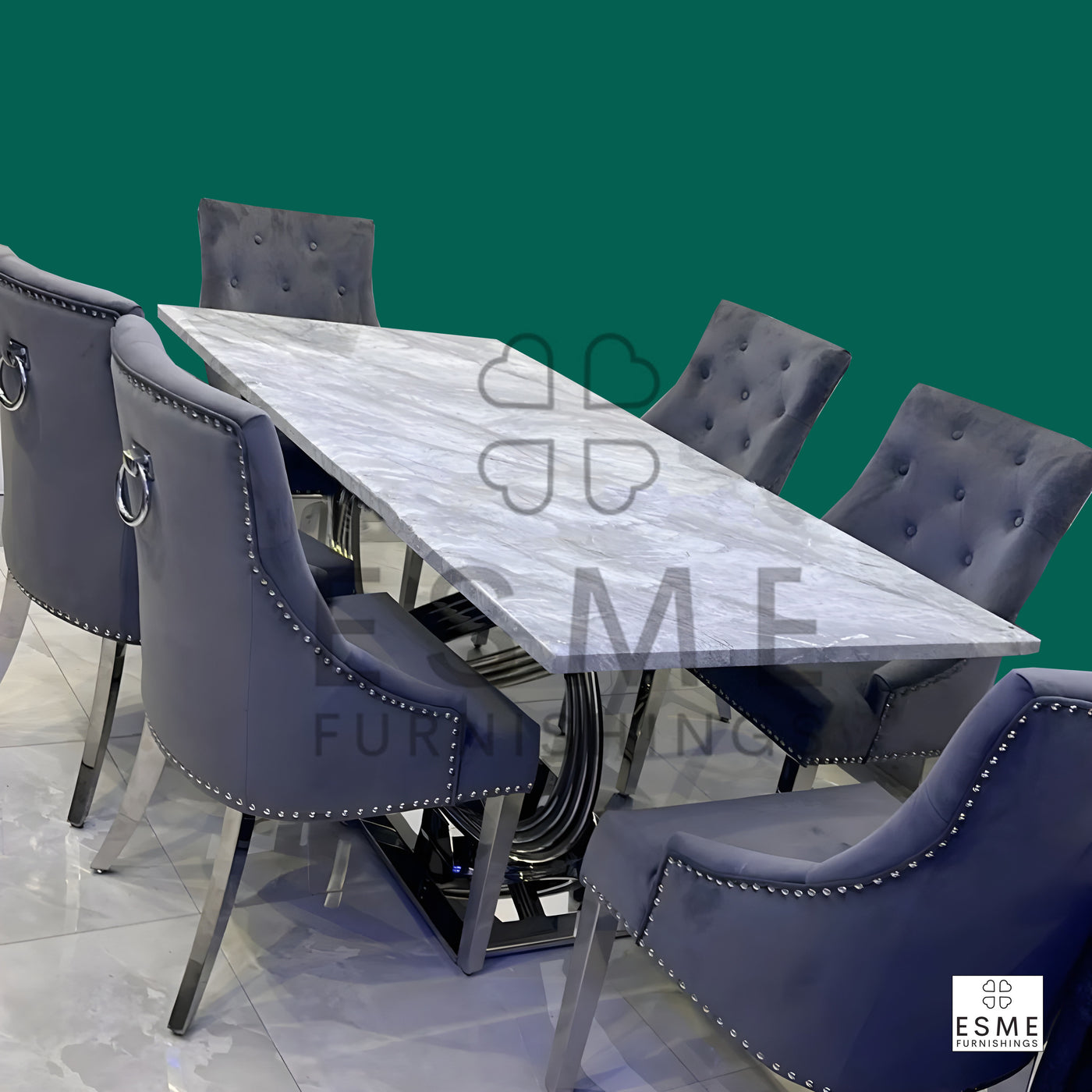 Elina Marble & Chrome Dining Table With Chrome Ring Knocker Velvet Chairs