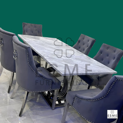 Elina Marble & Chrome Dining Table With Chrome Ring Knocker Velvet Chairs
