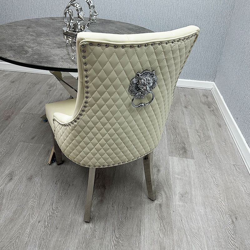 Majestic PU Lion Knocker Quilted PU Cream White Leather Dining Chair Chrome Legs