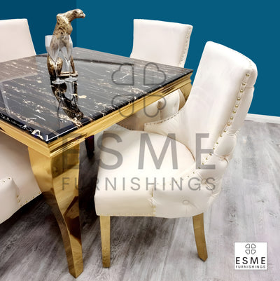 Louis Black/Gold Marble Dining Table With Kensington Cream/Gold Velvet Chairs