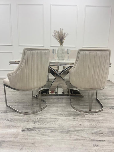 Ottavia 180cm Marble & Chrome Dining Table With Carlton Beige/Chrome Velvet Chairs