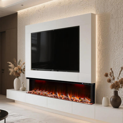 Maison 50 Inch 2025 Panoramic Smart Alexa Media Wall Fire 3 Sided Glass LED WiFi Electric UHD Fireplace