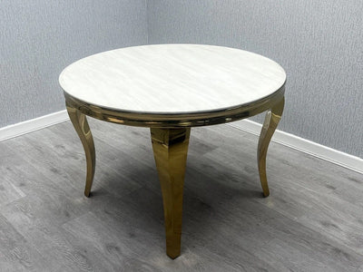 Louis Gold Round Marble 110cm Dining Table With Valentino Gold Lion Knocker Velvet Dining Chairs
