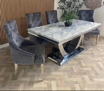 Denver Marble & Chrome Dining Table With Lion Knocker Quilted Velvet Chairs