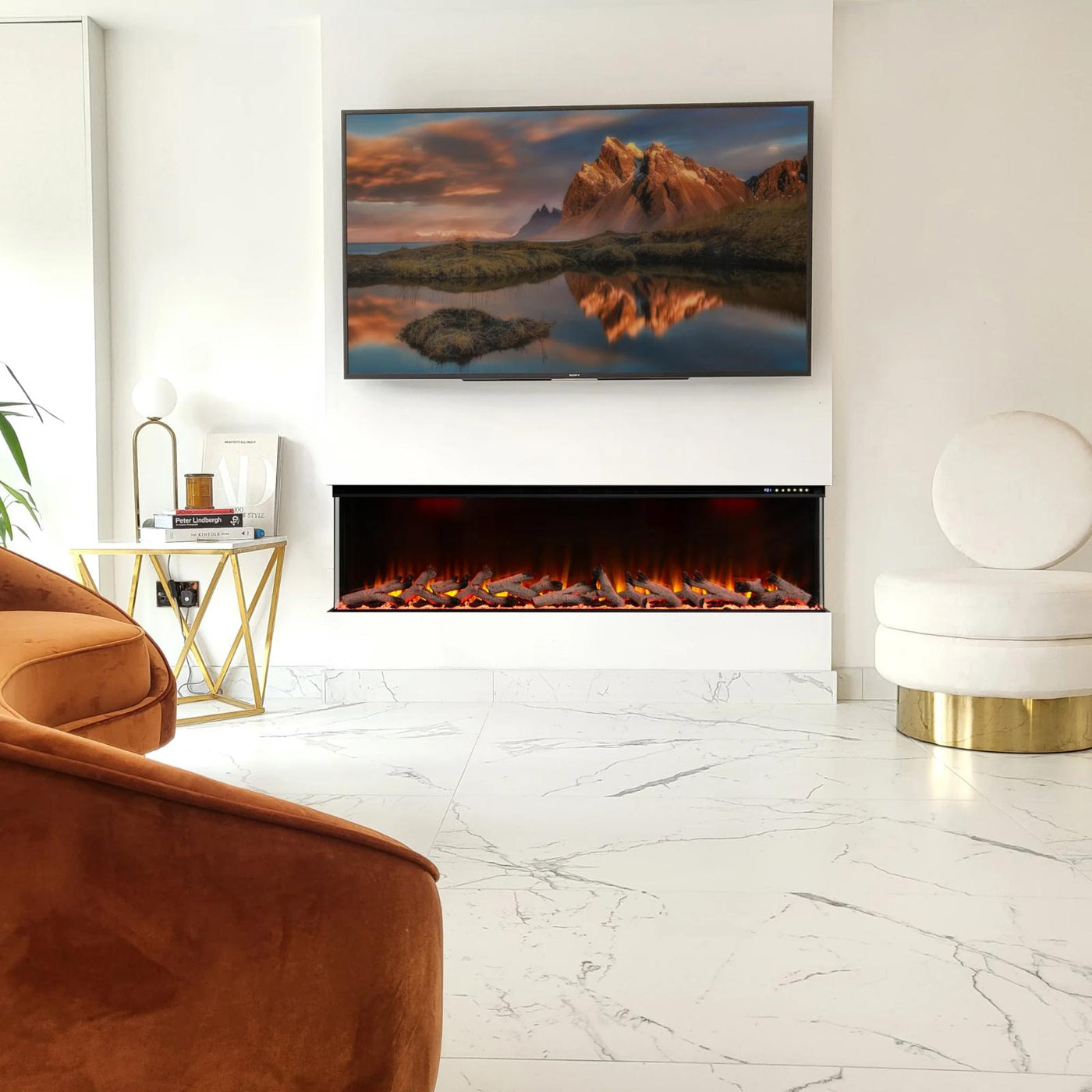 Maison 50 Inch 2025 Panoramic Smart Alexa Media Wall Fire 3 Sided Glass LED WiFi Electric UHD Fireplace