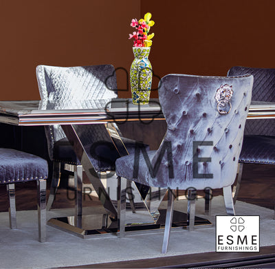 Venice 180cm Marble & Chrome Dining Table With Valente Lion Velvet Chairs
