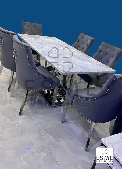 Elina Marble & Chrome Dining Table With Chrome Ring Knocker Velvet Chairs