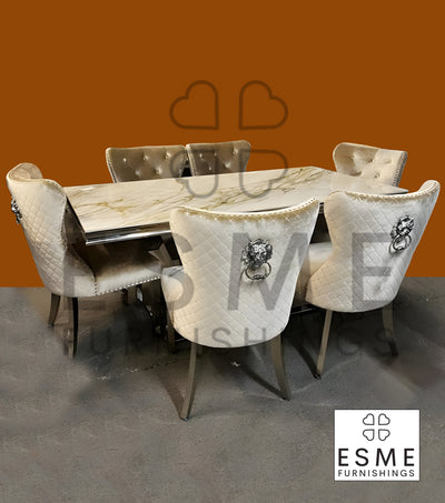 Arial Kata Gold 180cm Marble & Chrome Dining Table + Chrome Quilted Lion Knocker Velvet Chairs