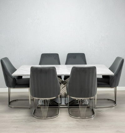 Elina 180cm Marble & Chrome Dining Table With Carlton Grey Velvet Chrome Chairs
