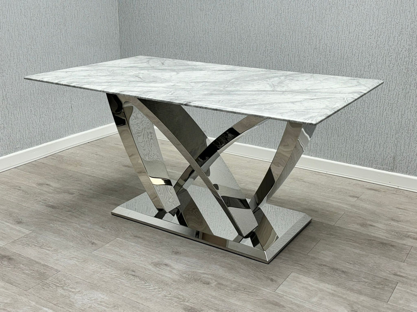 Amara 180cm Grey Marble & Chrome Dining Table With Majestic PU Leather Lion Knocker Dining Chairs