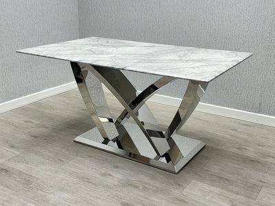 Amara 180cm Grey Marble & Chrome Dining Table With Majestic PU Leather Lion Knocker Dining Chairs