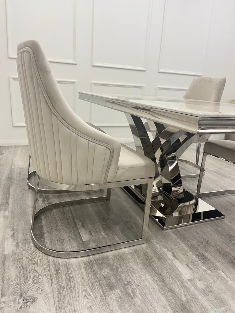 Cello 180cm Marble & Chrome Dining Table With Carlton Beige/Chrome Velvet Chairs