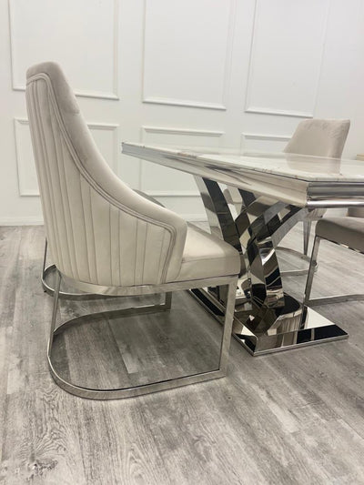 Cello 180cm Marble & Chrome Dining Table With Carlton Beige/Chrome Velvet Chairs