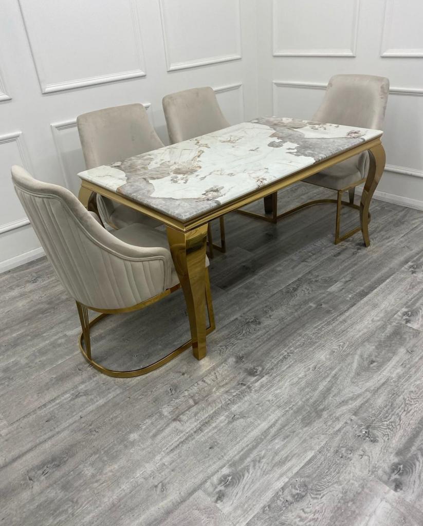 Louis Gold Marble Dining Table With Carlton Cream/Gold Velvet Dining Chairs