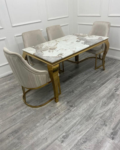 Louis Gold Marble Dining Table With Carlton Cream/Gold Velvet Dining Chairs