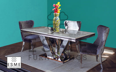 Venice 180cm Marble & Chrome Dining Table With Valente Lion Velvet Chairs